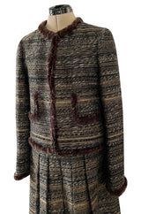Stunning Fall 2005 Chanel Metallic Silk Mohair Fur Trimmed Tweed Jacket & Pleated Skirt Suit