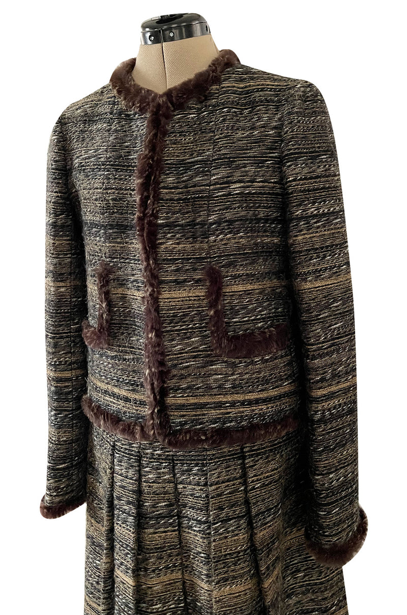 Stunning Fall 2005 Chanel Metallic Silk Mohair Fur Trimmed Tweed Jacket & Pleated Skirt Suit