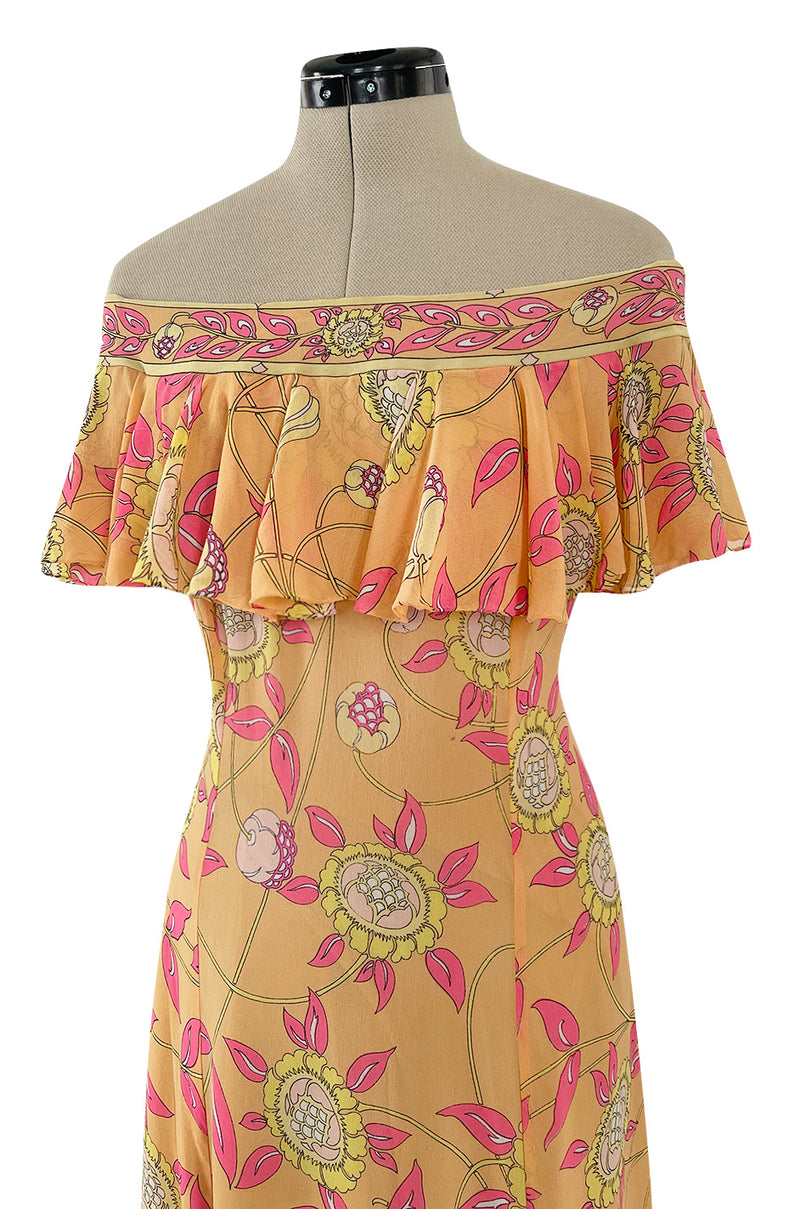 Prettiest 1960s Emilio Pucci Pink & Yellow Print on Peach Silk Chiffon Ruffled Off Shoulder Dress