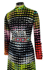 Amazing 1970s Unlabeled Valentina Inc. Rainbow Colored Elaborate Sequin & Bead Detailed Dress