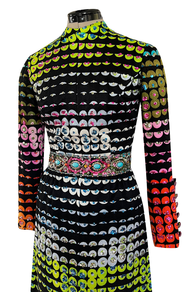 Amazing 1970s Unlabeled Valentina Inc. Rainbow Colored Elaborate Sequin & Bead Detailed Dress
