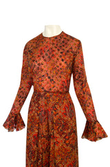 Late 1970s James Galanos Printed Rust & Coral Silk Chiffon Jumpsuit w Extra Wide Slit Pant Legs
