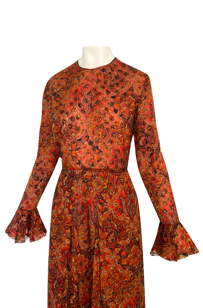 Late 1970s James Galanos Printed Rust & Coral Silk Chiffon Jumpsuit w Extra Wide Slit Pant Legs