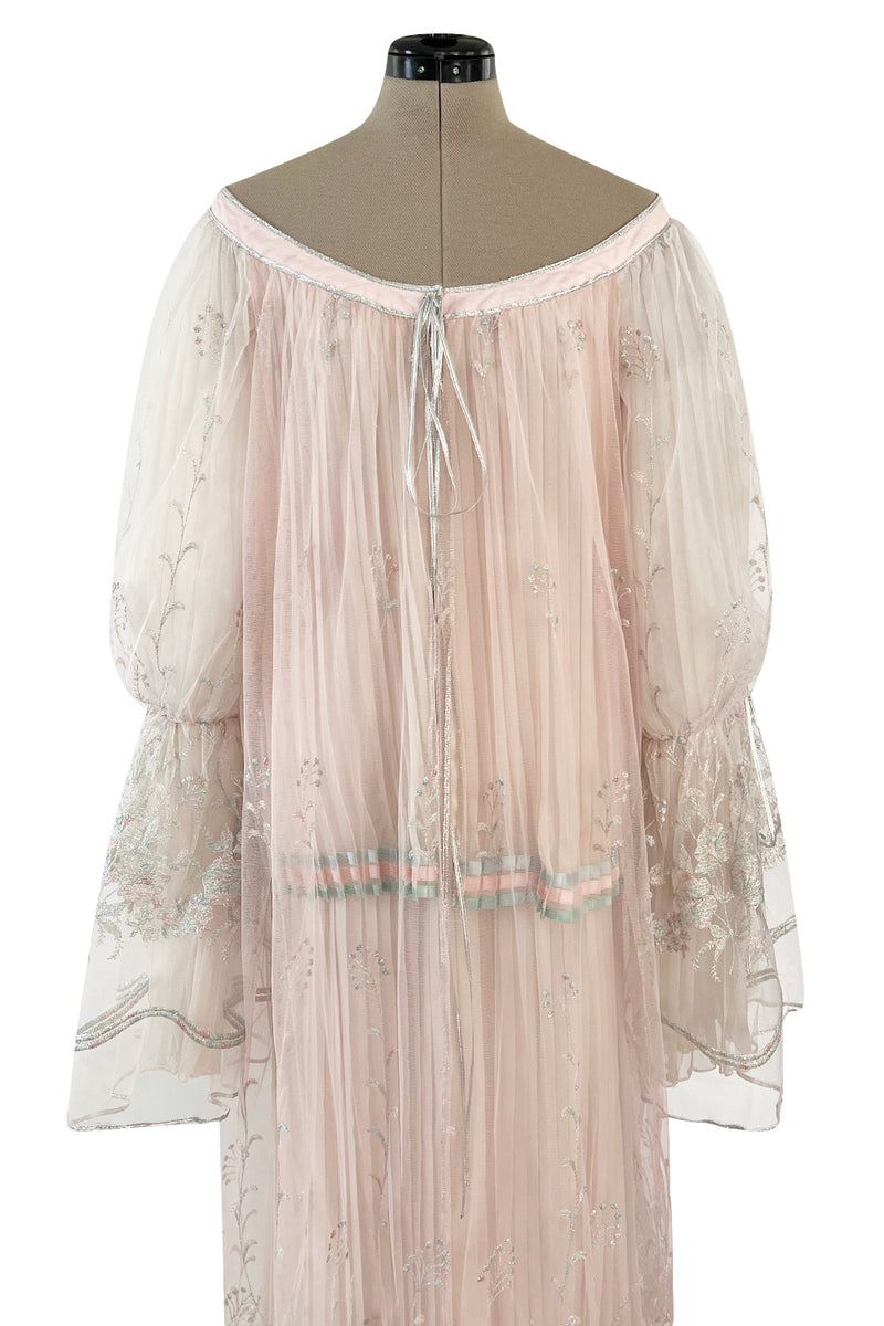 1976 Bill Gibb Couture Pleated Silk Chiffon Skirt w Metallic Thread Embroidered Silk Net Coat