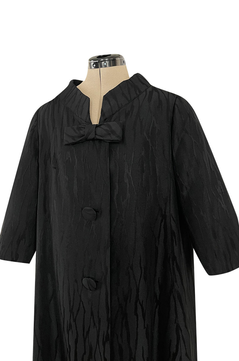 Minimalist 1960s Marty Modell Black Silk Jaquard Brocade Coat w Bow Detail