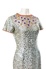 1960s Gene Shelley Pale Ice Blue Silk Dress w Silver Sequins & Beads