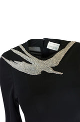 1970s John Anthony Demi-Couture Black Silk Jersey Dress w Hand Beaded Birds