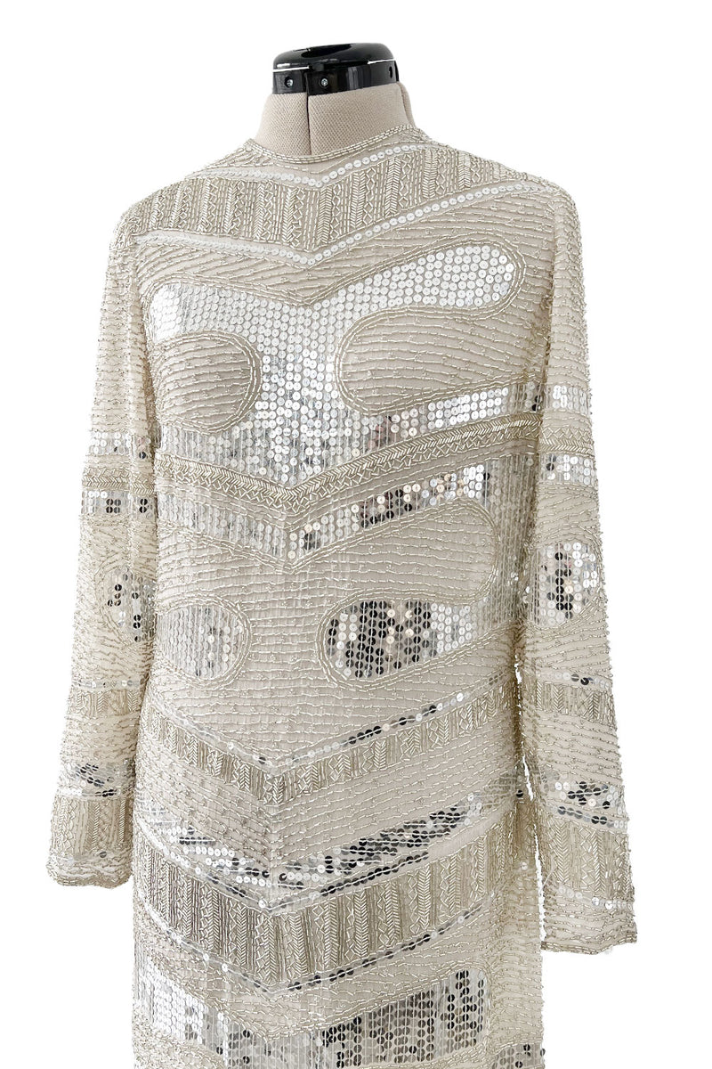 Iconic Spring 1981 Halston Fully Hand Beaded & Sequinned Silver & Ivory Silk Chiffon Dress