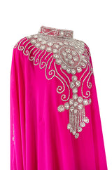1980s Elaborate Crystal Covered Vibrant Pink Chiffon Caftan Dress