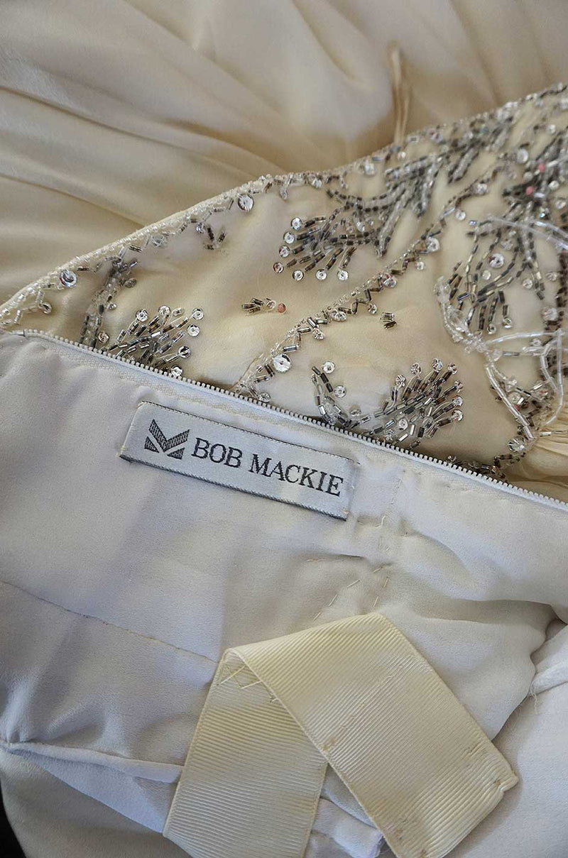 1970s Bob Mackie Beaded Strapless Ivory Silk Chiffon Dress