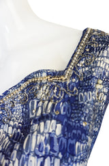 1940s Blue Crocodile/Alligator Print Silk Dress w Beaded Detail