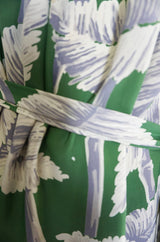 1940s Green Silky Rayon Hawaiian Leaf Print Dress