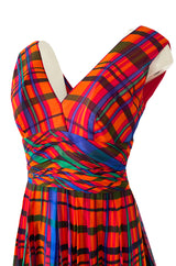 1970s Mollie Parnis Boutique Plaid Coral Blue & Green Print Chiffon Dress