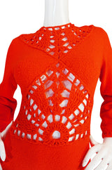 1970s Open Weave Cut Out Crochet Red Knit Dress