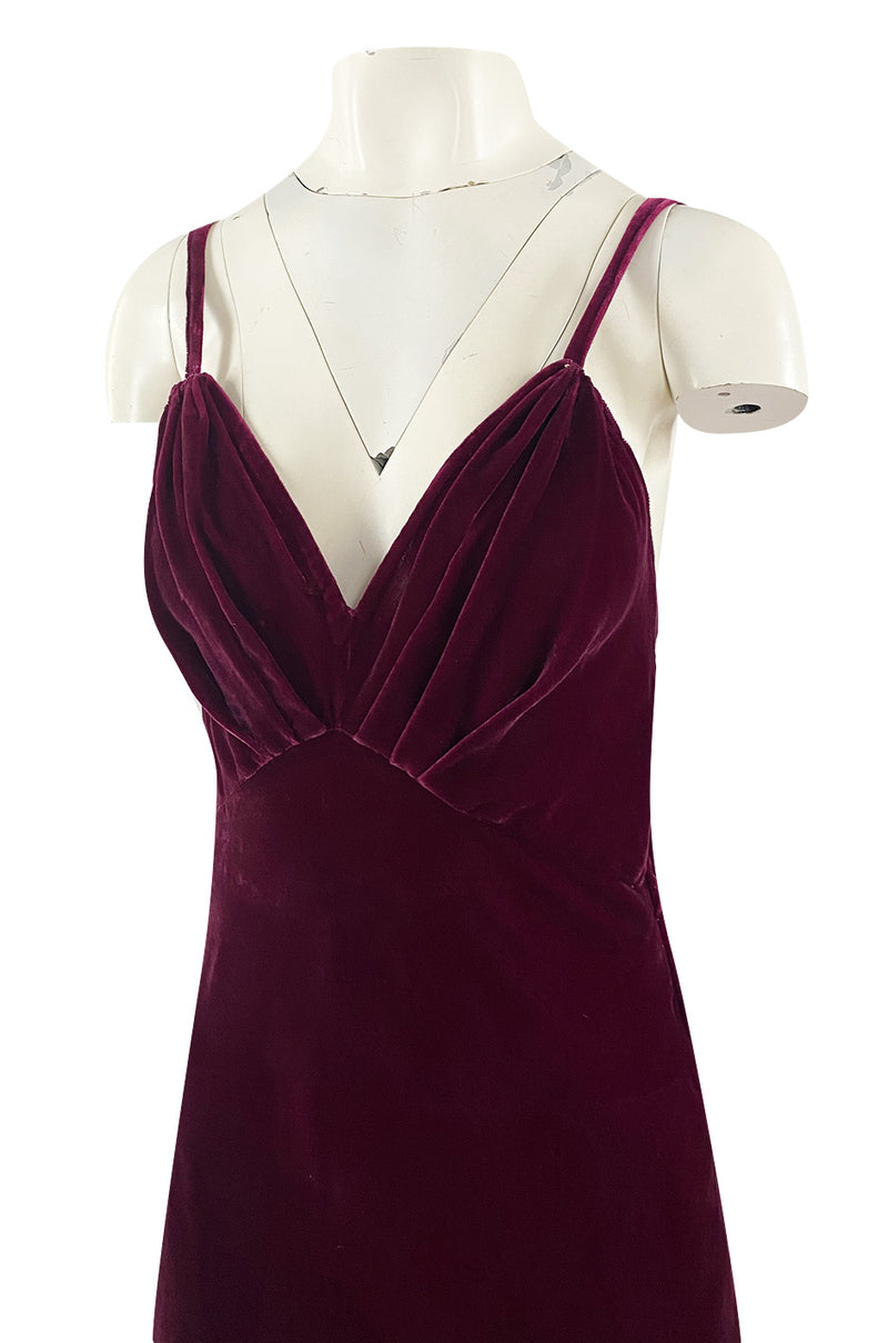 Stunning 1930s Deep Jewel Toned Merlot Bias Cut Silk Velvet Halter Dress w Low Back