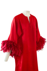 1960s Odette Barsa Loose & Easy Fitting Red Caftan w Wide Red Feather Cuffs