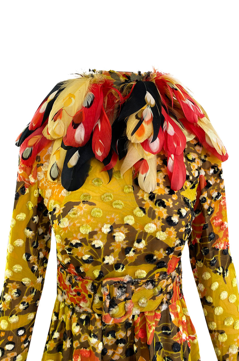 Famous 1971 Bill Blass Vogue Featured Yellow Chenille & Silk Maxi Dress w Elaborate Feather Collar