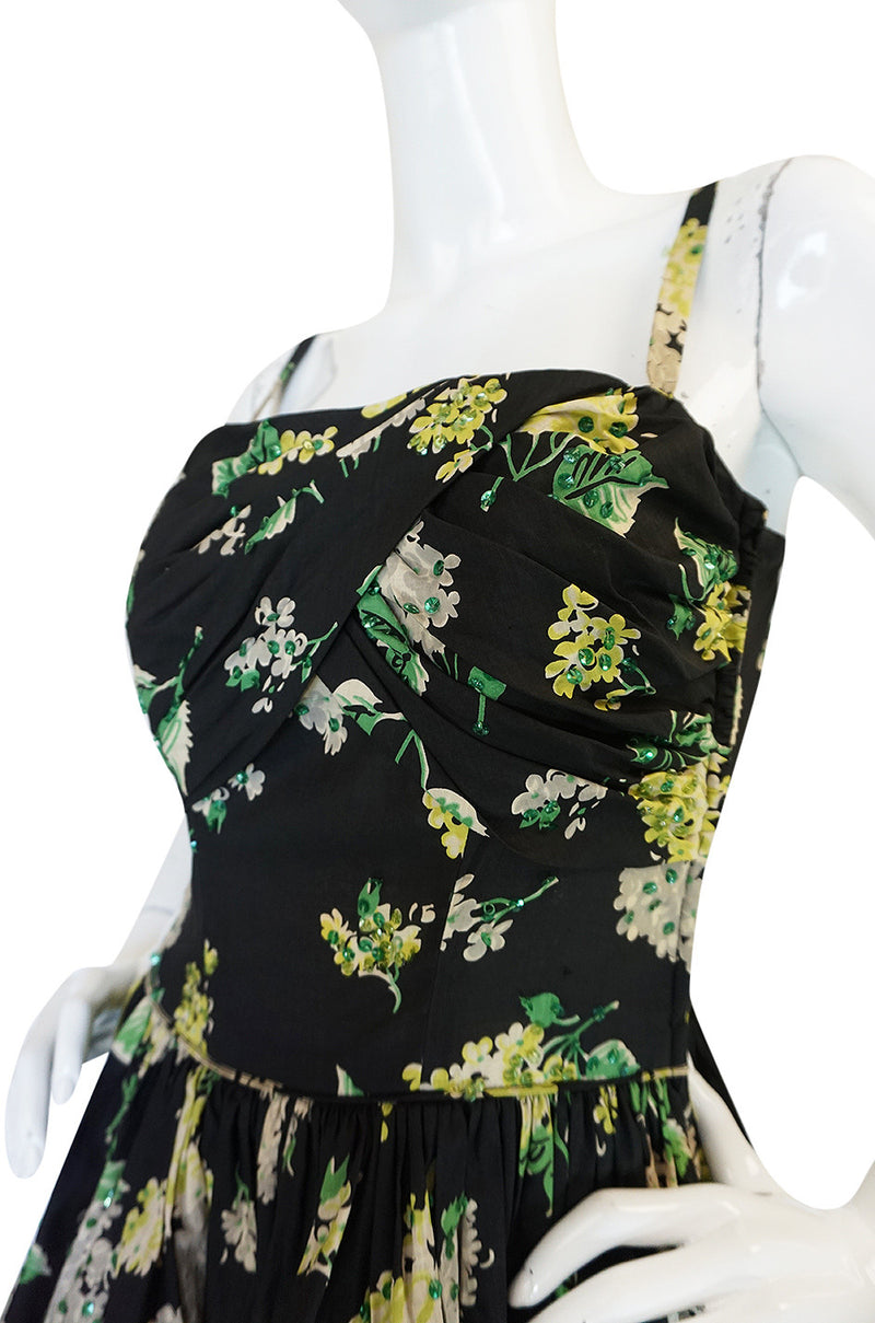 Late 1940s Sequin & Floral Print Cotton Voile Tiered Skirt Dress