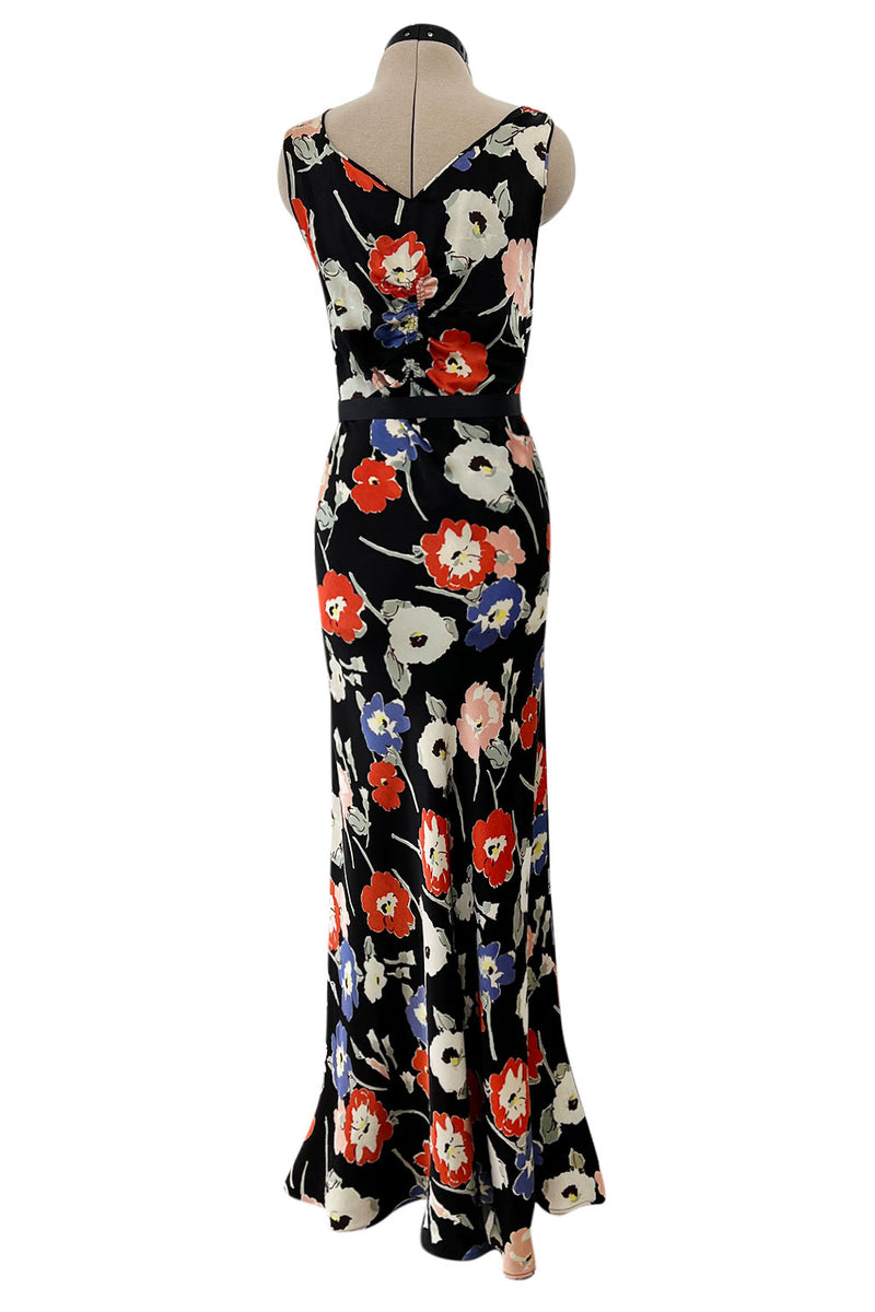 Beautiful 1930s Bias Cut Heavy Silk Satin Floral Print Dress w Scalloped Edged Jacket