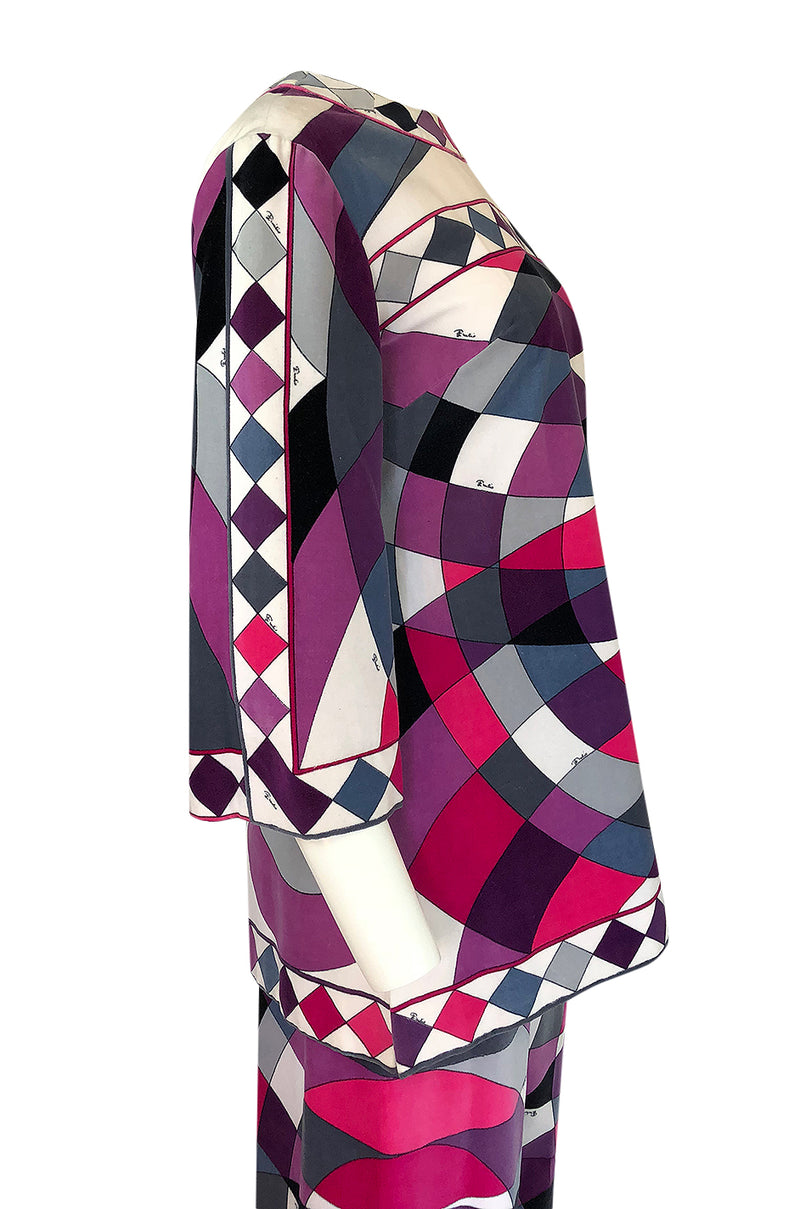 Iconic 1960s Emilio Pucci Pink Print Velvet Pant & Tunic/Dress Set