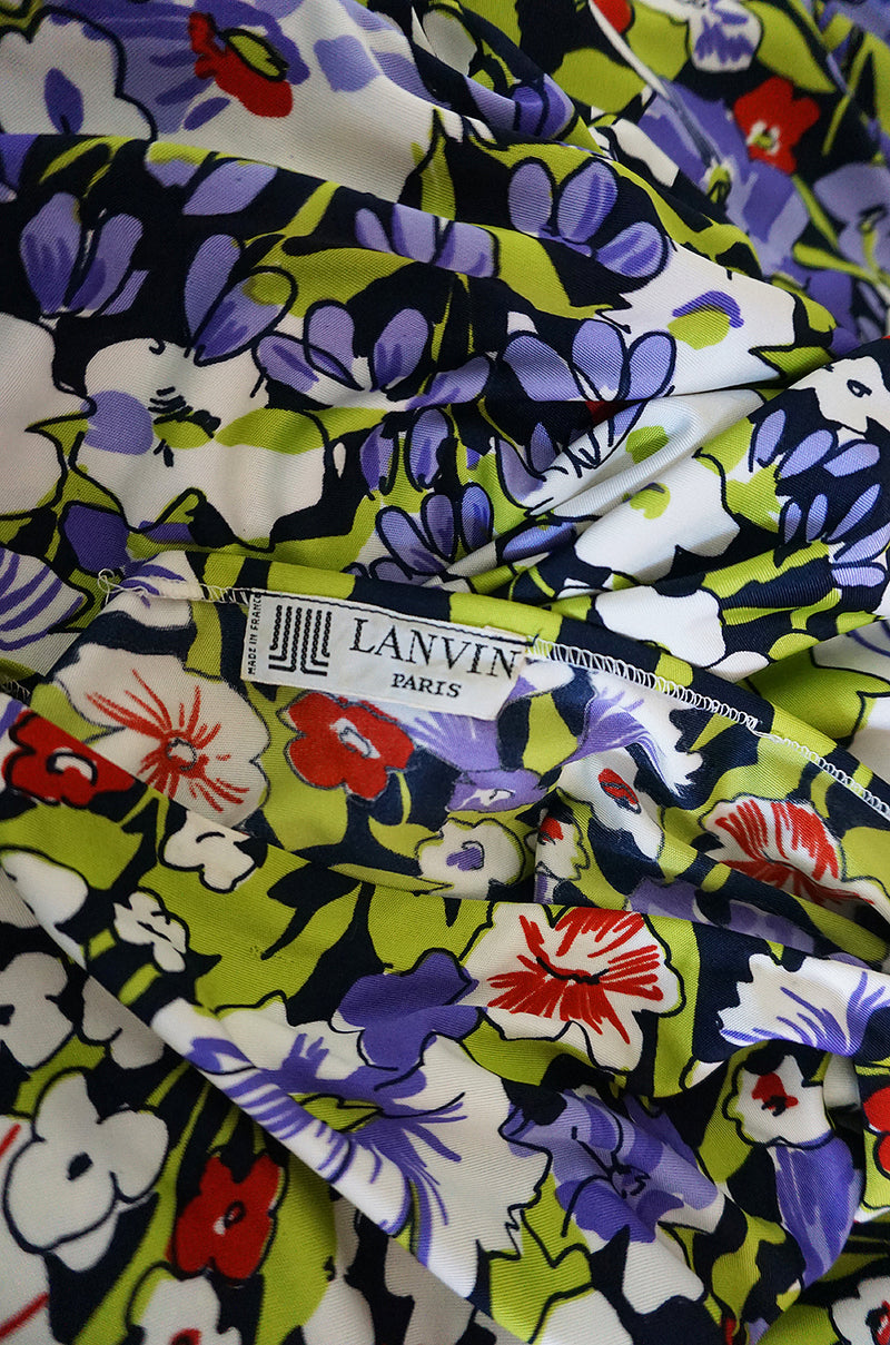 1970s Lanvin Floral Printed Fluid Jersey Ribbon Front Caftan Dress