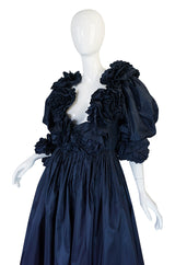 1980s Bill Blass Midnight Blue Silk Taffeta Plunging Ruffled Dress