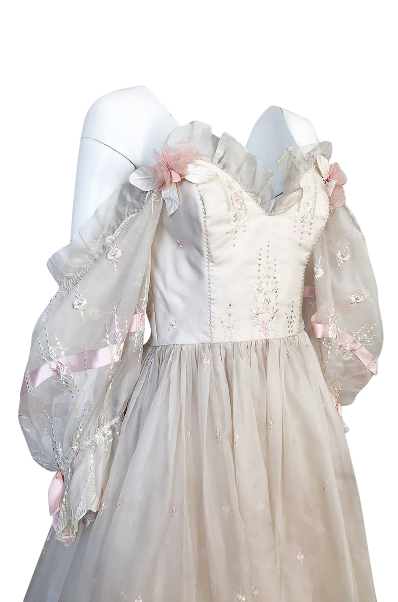 1980s Emanuel Custom Fairy Tale Embroidered & Ribboned Silk Organza Dr Shrimpton Couture 1980s Emanuel Custom Fairy Tale Embroidered & Ribboned Silk Organza Dr Shrimpton Couture