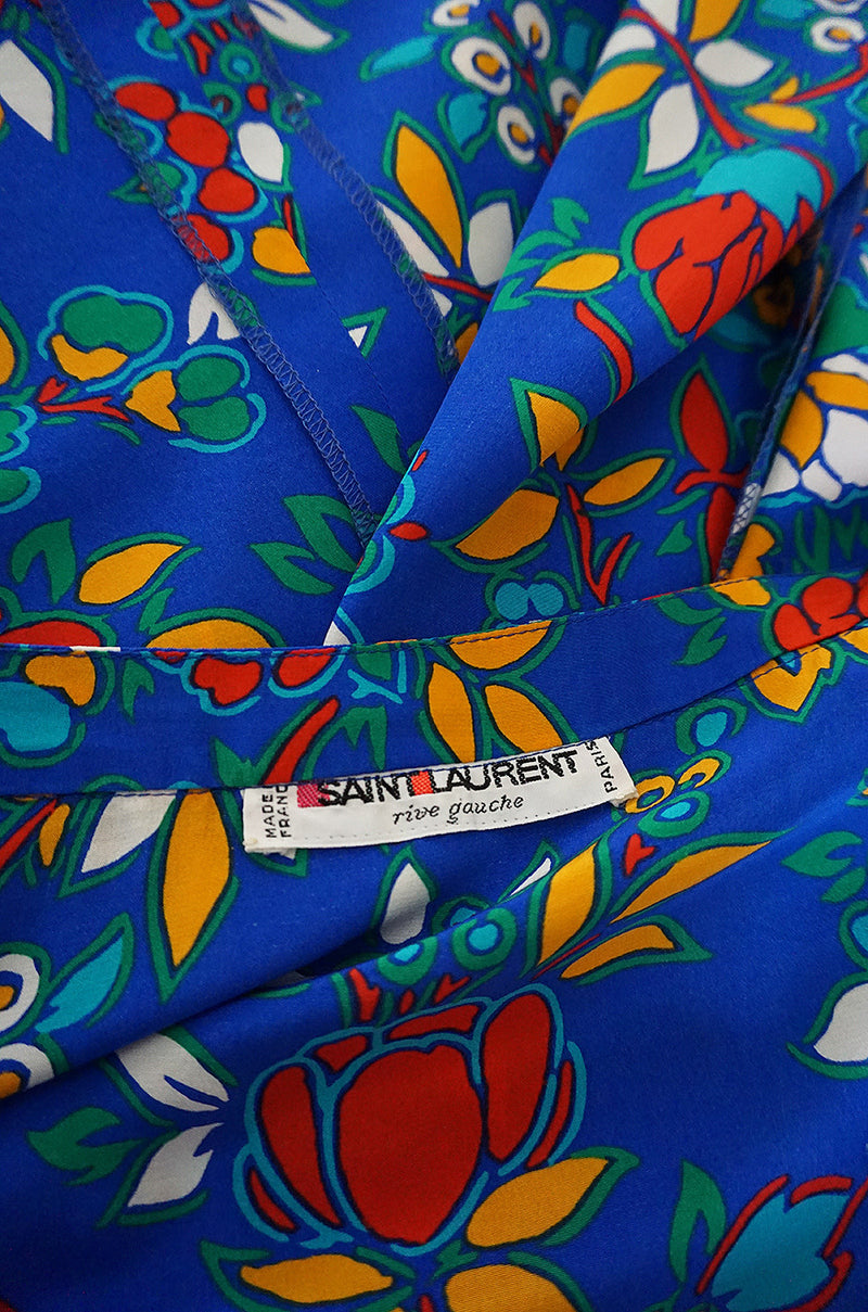 1980s Yves Saint Laurent Bright Floral Print Blue Silk Dress
