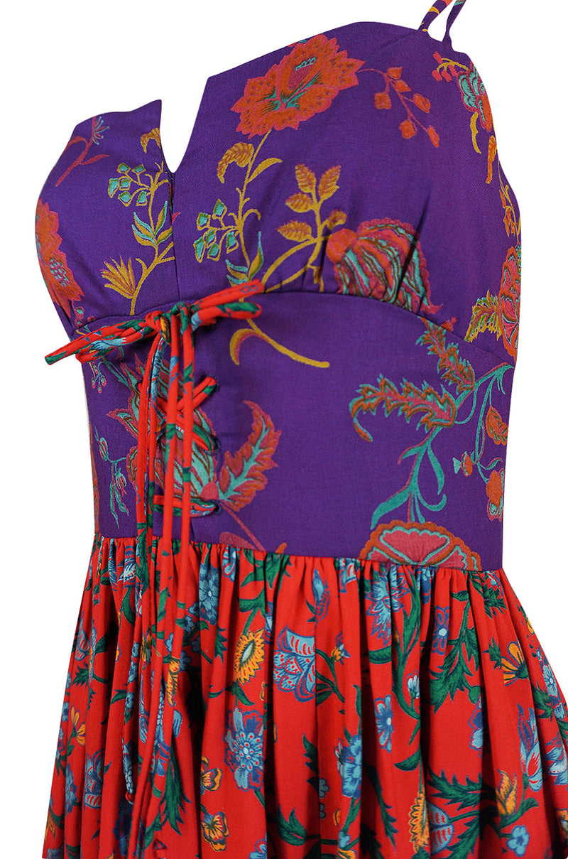 1970s Mollie Parnis Corset Front Purple & Red Floral Print Dress