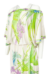 1970s Leonard Paris Off Shoulder Tropical Floral Print Silk Jersey Dress