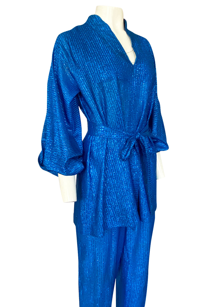 1970s Halston Bright Electric Blue Metallic Lame Lurex Top Pant