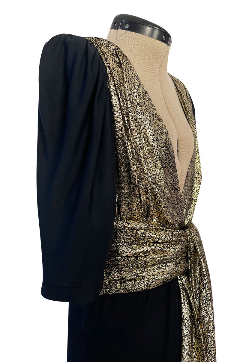 Spring 1986 Yves Saint Laurent Black Crepe & Jersey Dress w Gold Lame Front & Long Sash Belt