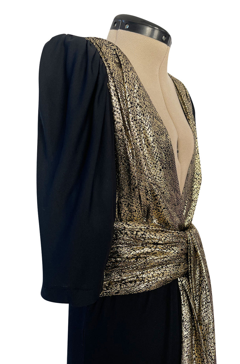Spring 1986 Yves Saint Laurent Black Crepe & Jersey Dress w Gold Lame Shrimpton Couture Spring 1986 Yves Saint Laurent Black Crepe & Jersey Dress w Gold Lame Shrimpton Couture