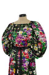 Beautiful 1970s Michael Novarese Ribbon Weave Silk Chiffon Bright Floral & Metallic Dress