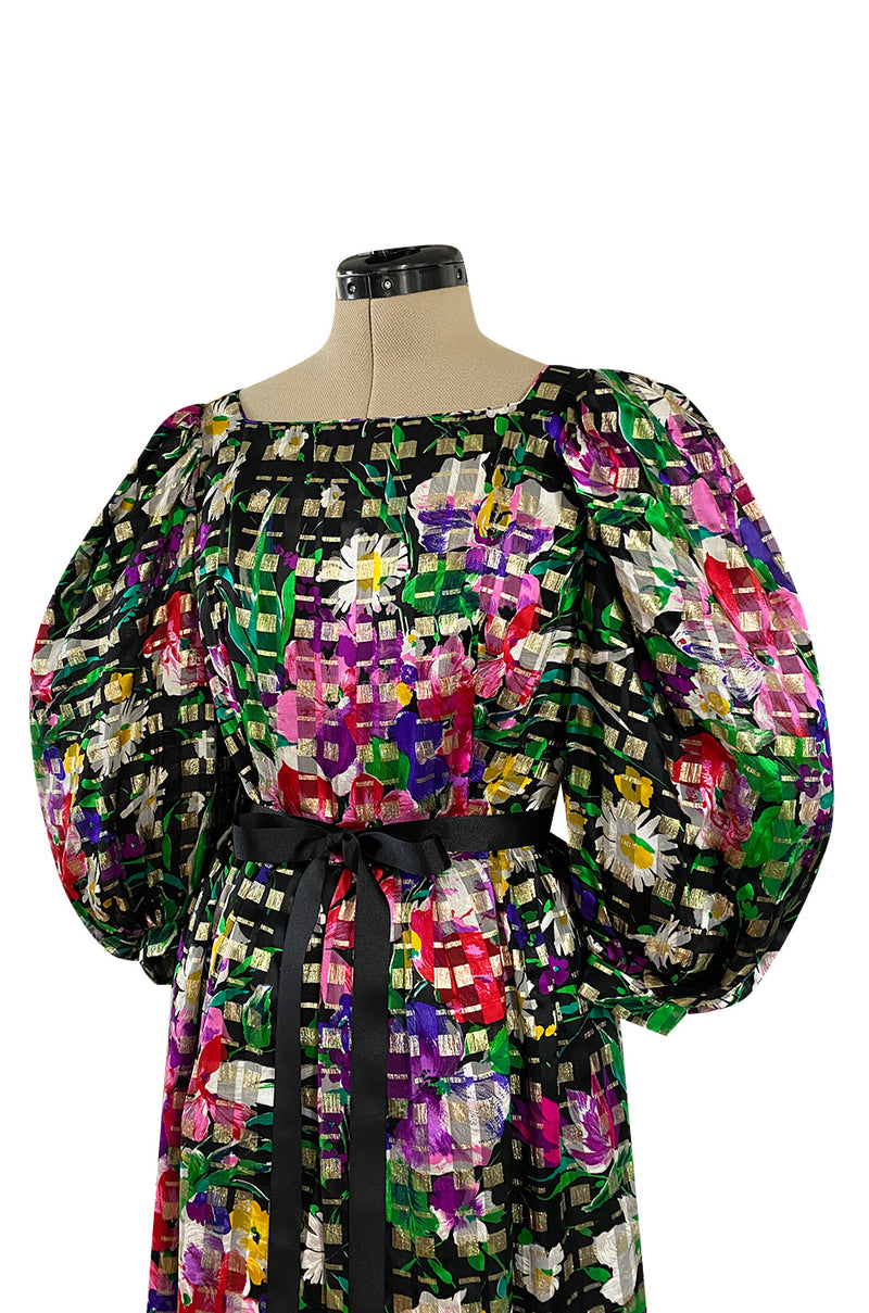 Beautiful 1970s Michael Novarese Ribbon Weave Silk Chiffon Bright Floral & Metallic Dress