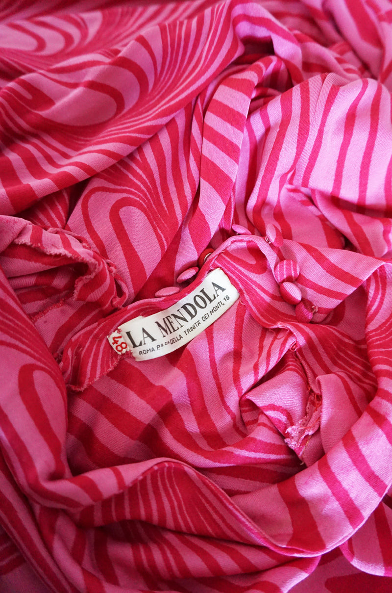 1970s Pink Print Silk Jersey La Mendola Maxi Dress