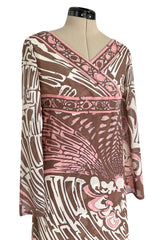 Wonderful 1960s Emilio Pucci Pink & Taupe Printed Silk Chiffon Caftan Dress