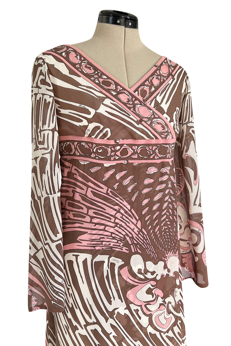 Wonderful 1960s Emilio Pucci Pink & Taupe Printed Silk Chiffon Caftan Dress