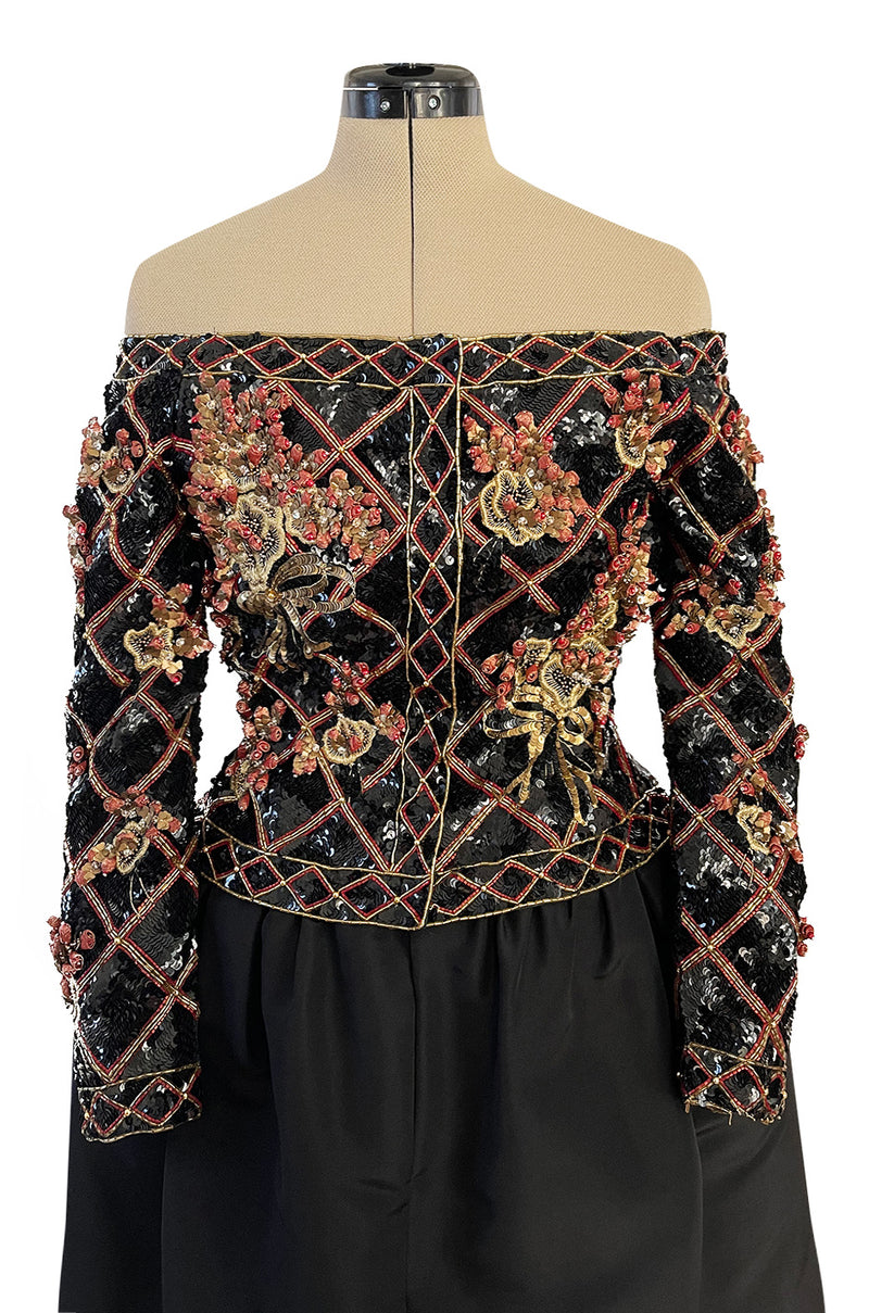 Elaborate 1987 John Anthony Couture Off Shoulder Mini Dress w Sequin Beading & Rosettes