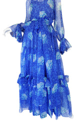 1970s Blue Tiered Floral Silk Chiffon Oscar de la Renta Dress