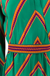 1970s Pauline Trigere Green Striped Silk Dress w Unusual Sleeves