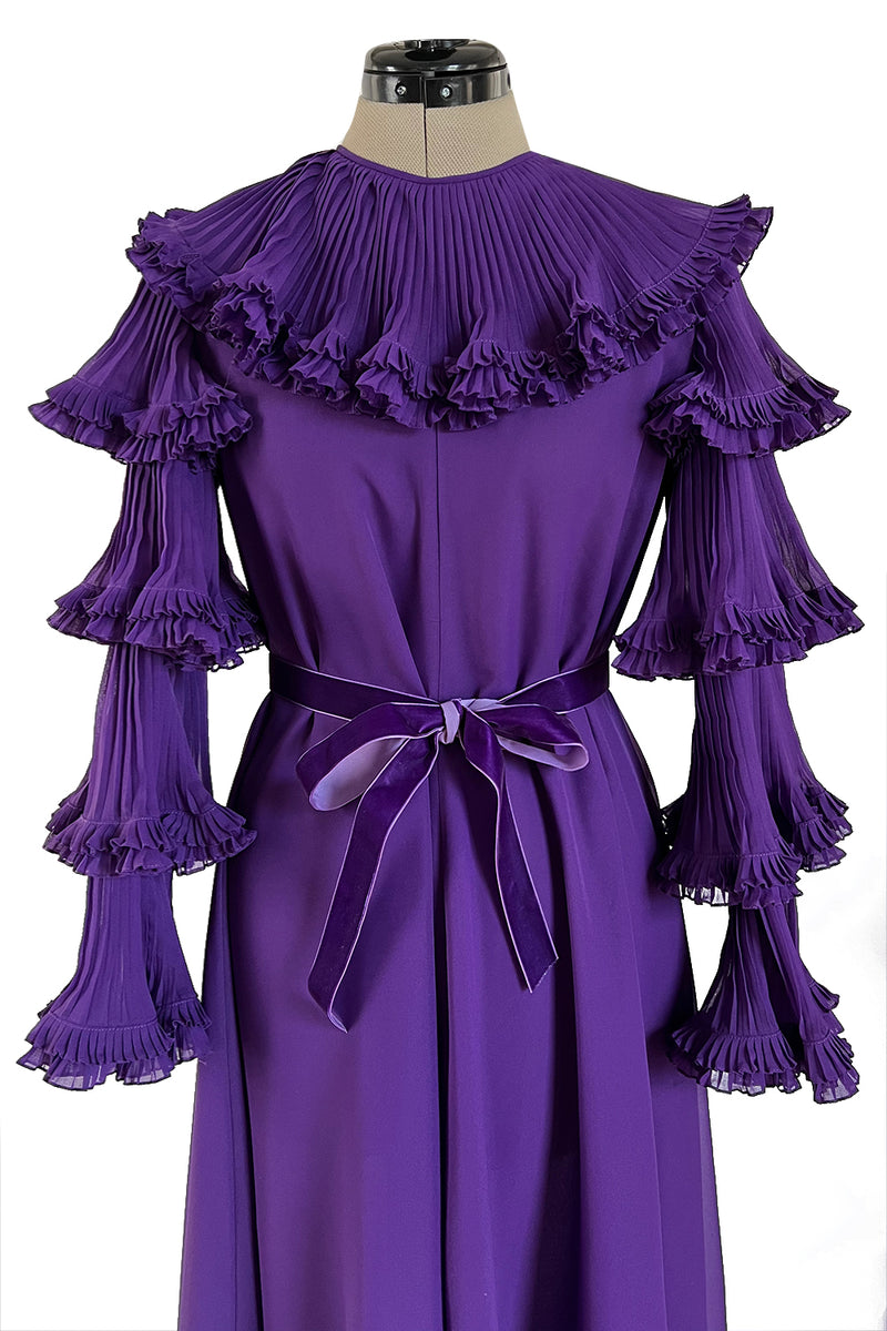 Unusual 1970s Miss Dior Purple Silk Chiffon Tiered & Pleated Sleeve Caftan Dress