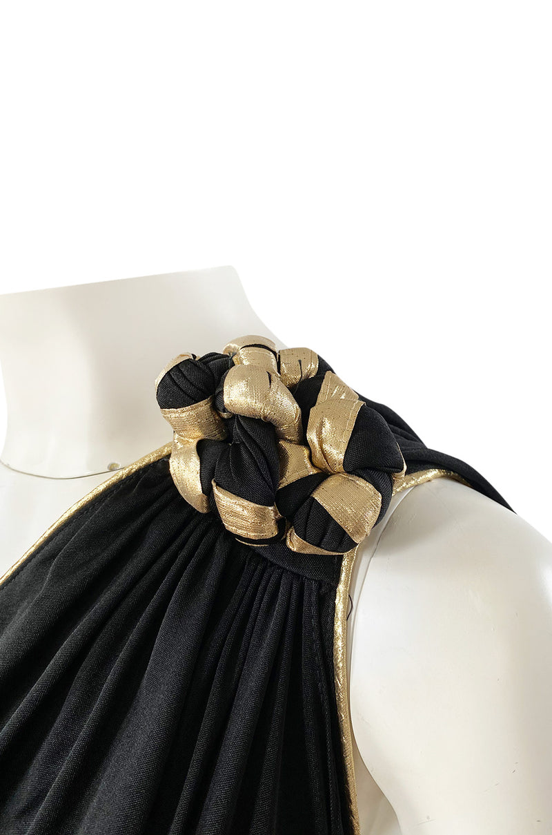 1981 Bill Tice Black One Shoulder Jersey Dress w Gold Lame Flower Detailing