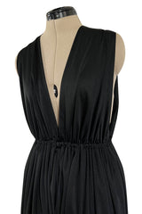 Iconic 1970s Halston Jersey Side & Front Plunging Black Jersey Jumpsuit
