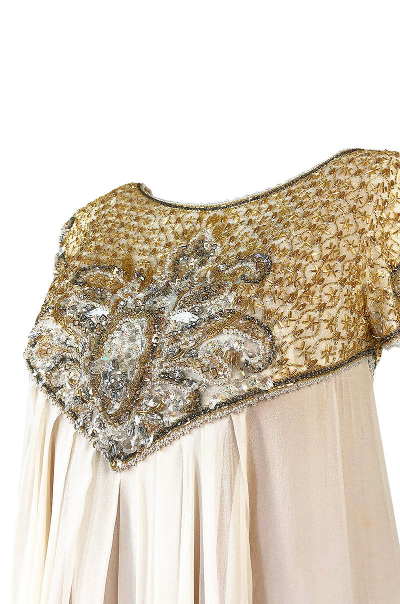 c.1958-1965 Helen Rose Hand Beaded Ivory Silk Chiffon & Gold Dress