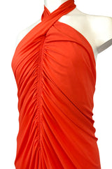 1970s Frank Usher Gathered Halter Backless Coral Jersey Dress
