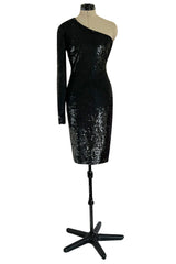 Early 2000s John Anthony Couture One Shoulder & Sleeve Densely Sequinned Glossy Black Dress