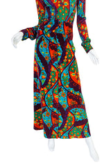 1970s Brilliant Print Velvet Skirt & Silk Turtleneck Set