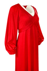 1970s Joy Stevens Big Sleeve Tie Waist Red 'Graduation' Jersey Dress