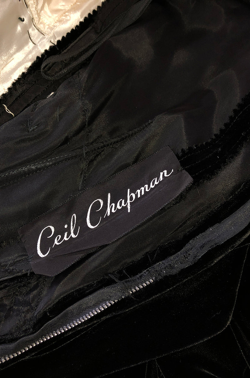 1950s Ceil Chapman Black Velvet & Ivory Silk Satin Wiggle Dress